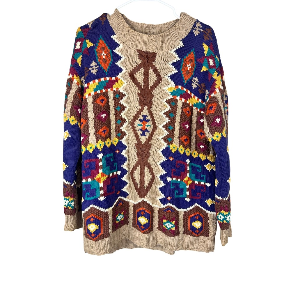 Vintage Preston & York Southwestern Geometric Chunky Cotton Knit Sweater Small